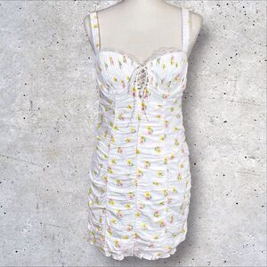 For Love & Lemons Coquette Mini Dress Celia Ruched Floral Embroidered Large NWT